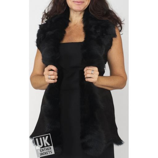 Long Toscana Sheepskin Gilet in Black - Open