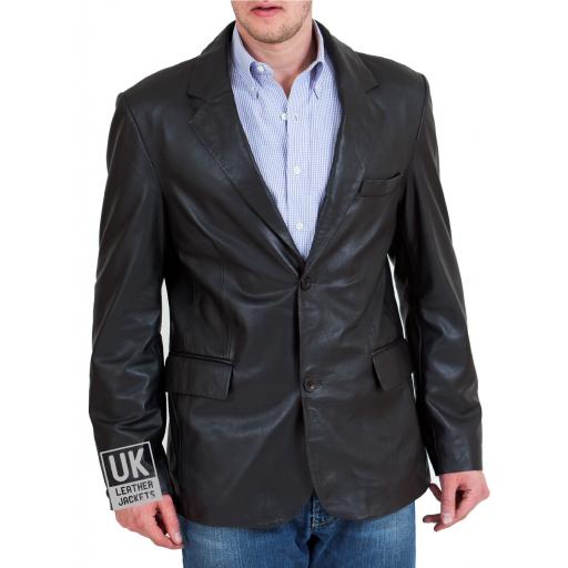 Men's Black 2 Button Leather Blazer - Double Vent -  Plus Size - Buttoned