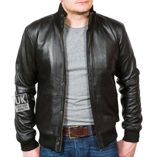 Men's Black Leather Bomber Jacket - Pacific - Open