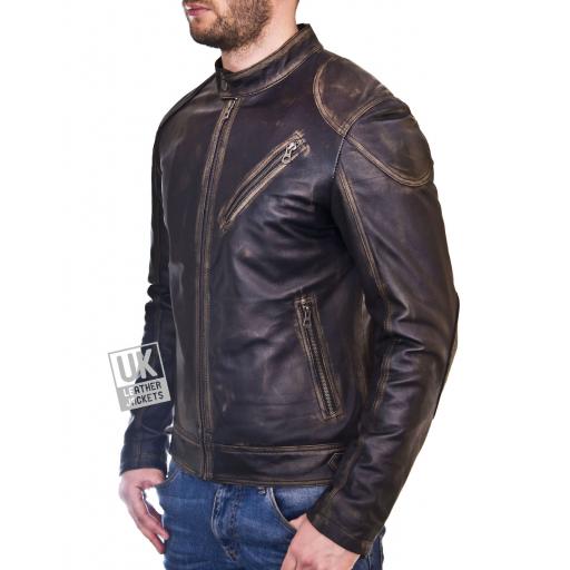 Mens Burnished Black Leather Jacket - Theo - Front Size 1