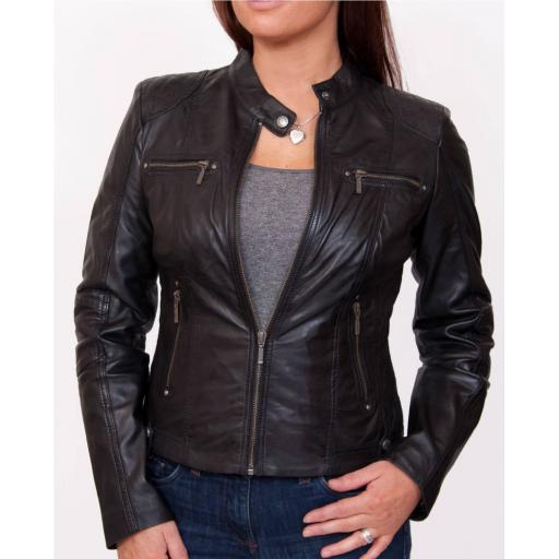 Womens Black Leather Biker Jacket - Jasmine - Front