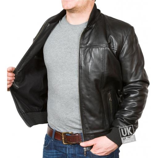 Men's Black Hooded Leather Bomber Jacket - Troy - Lining