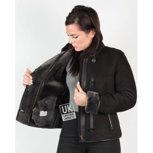 Womens Black Shearling Sheepskin Jacket - Aspen - Wool Interior