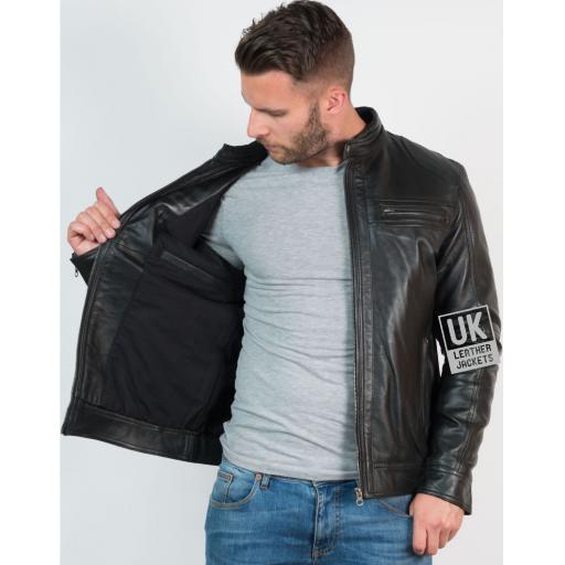 Mens Black Leather Jacket - Ellin - Lining