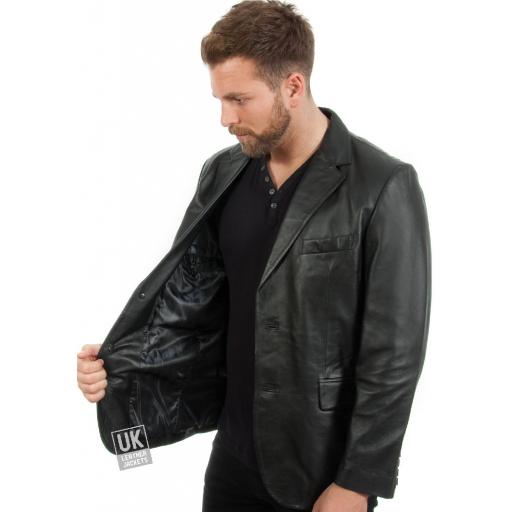 Men's 2 Button Black Leather Blazer - Plus Size - Jensen - Lining