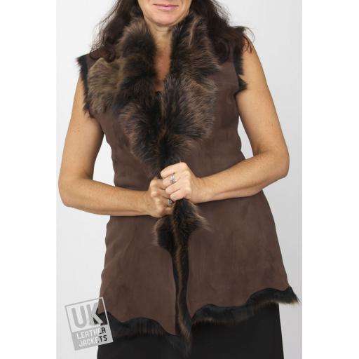 Long Toscana Sheepskin Gilet - Brown Honey Tipped - Front