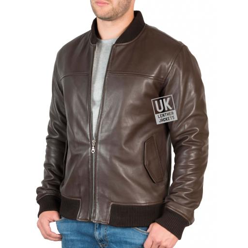 Men's Brown Leather Bomber Jacket - Morton - Front Zipped