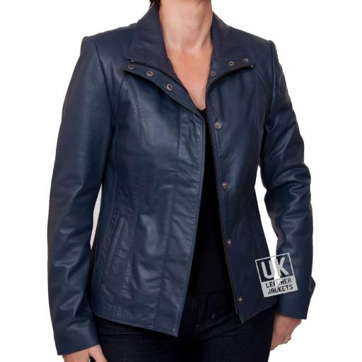 Ladies Blue Leather Jacket - Sapphire - Open