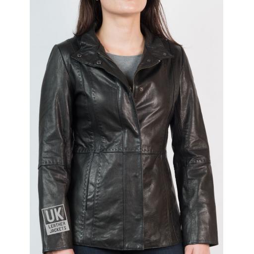 Womens Hip Length Zip Leather Jacket - Black - Front