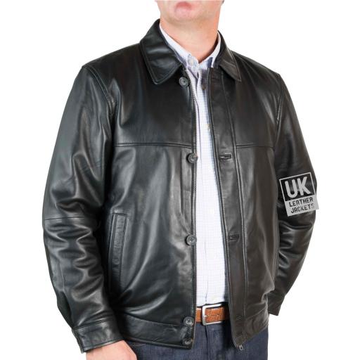 Mens Black Leather Jacket - Radford - Comfort Fit - Front Unzipped