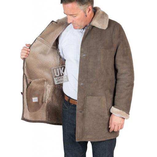 Mens Shearling Sheepskin 3/4 Length Coat - Sunningdale - Grey - Wool Interior