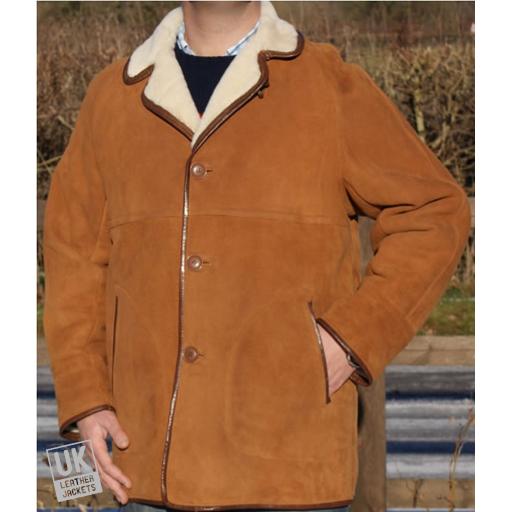 Finest Men's Tan Shearling Sheepskin Car Coat - Envoy - XS/S Only !