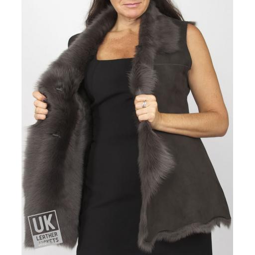 Long Toscana Sheepskin Gilet in Grey - Lining