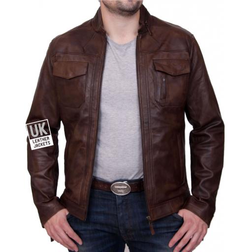 Men's Vintage Brown Leather Jacket - Beck - Unzipped