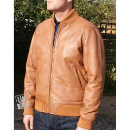 Mens Vintage Tan Leather Bomber Jacket - Houston - Front