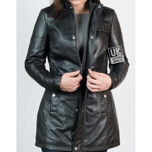 Womens Black Leather Coat - Montana - Detachable Hood  - front zip fastening and leather fly front