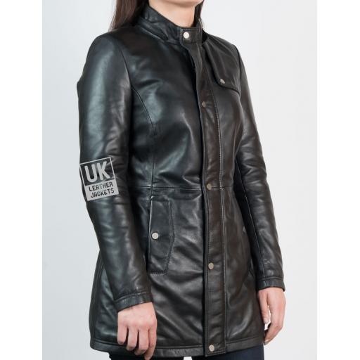 Womens Black Leather Coat - Montana - Detachable Hood  - Side view without hood