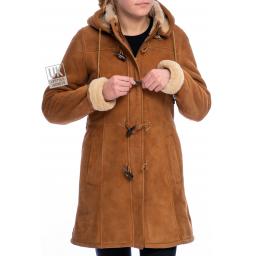 Womens Tan Sheepskin Duffle Coat - Alaska - Fastening Toggles