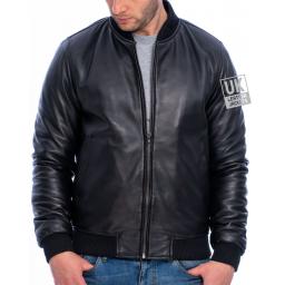 Mens Black Leather Bomber Jacket - Houston - Front Zipped