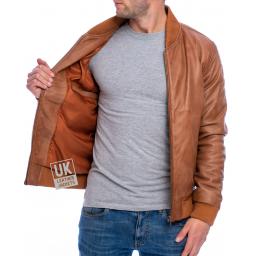 Mens Tan Leather Bomber Jacket - Houston - Lining