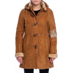 Womens Tan Sheepskin Duffle Coat - Alaska - Front