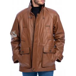 Men's Tan Contrast Leather Parka Coat - Huxley - Side Hand Warmer Pockets