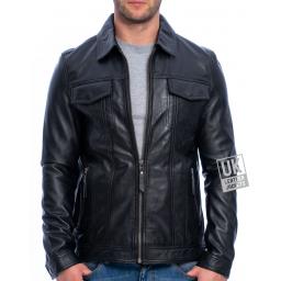 Mens Black Leather Jacket - Flint - Front