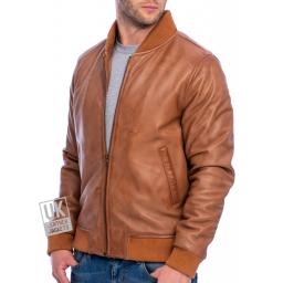 Mens Tan Leather Bomber Jacket - Houston - Front