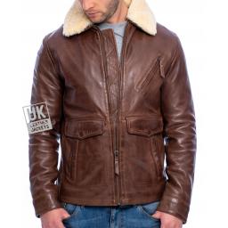 Mens Brown Leather Pilot Jacket - Harrier - Detach Wool Collar - Front