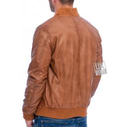 Mens Tan Leather Bomber Jacket - Houston - Back