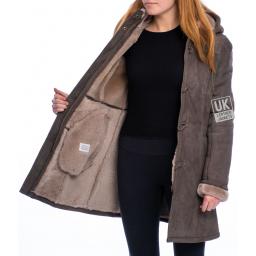 Womens Grey Sheepskin Duffle Coat - Alaska - Lining