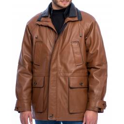 Men's Tan Contrast Leather Parka Coat - Huxley - Front