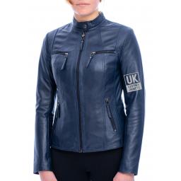 Women's Blue Leather Jacket - Leone - Zipped