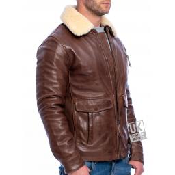 Mens Brown Leather Pilot Jacket - Harrier -  Wool Collar