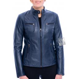 Women's Blue Leather Jacket - Leone - Front 2