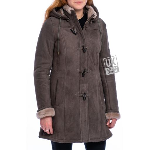 Womens Grey Sheepskin Duffle Coat - Alaska - Front