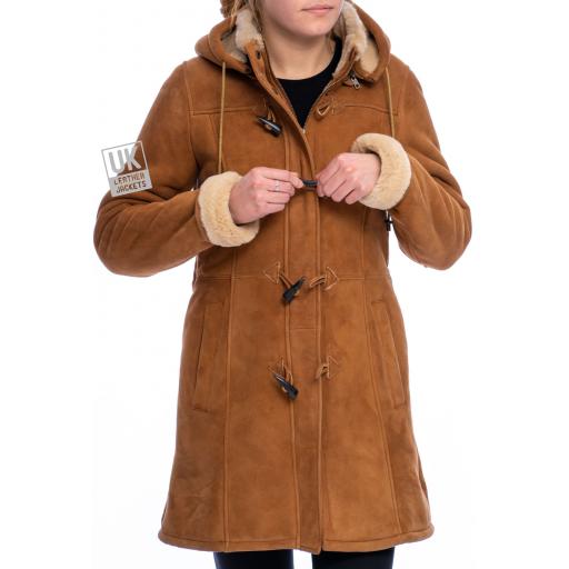 Womens Tan Sheepskin Duffle Coat - Alaska - Fastening Toggles