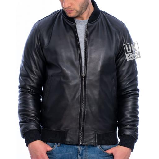 Mens Black Leather Bomber Jacket - Houston - Front Zipped