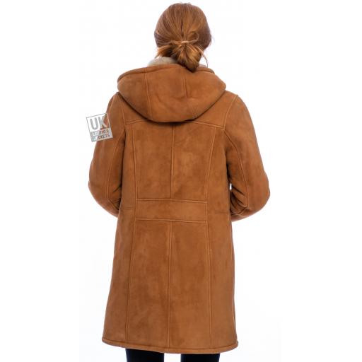 Womens Tan Sheepskin Duffle Coat - Alaska - Back with Hood