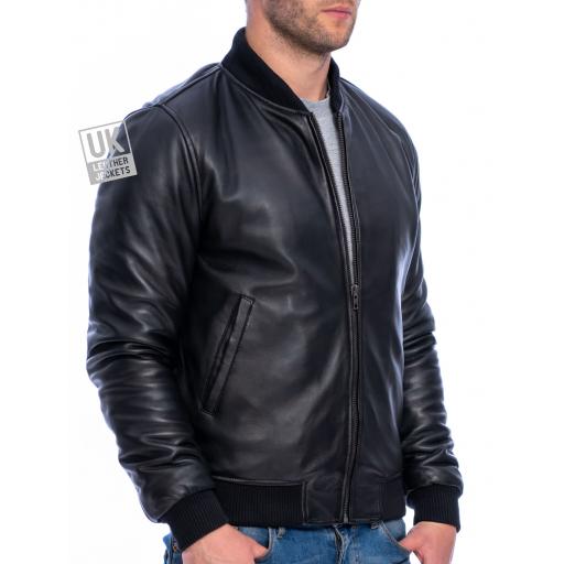 Mens Black Leather Bomber Jacket - Houston -Superior Quality