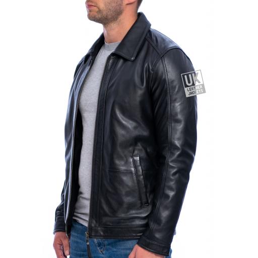 Mens Black Leather Jacket - Steed - Front Unzipped