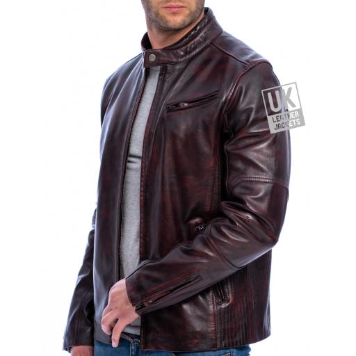 Men's Burgundy Leather Biker Jacket - Invictus - Superior - Side Unzipped