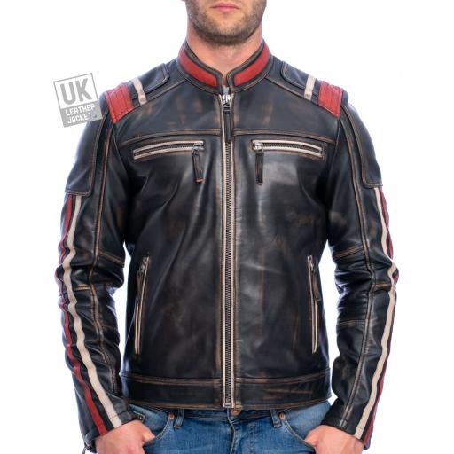 Men's Black Faded Leather Jacket - Dante - Superior Quality - Front