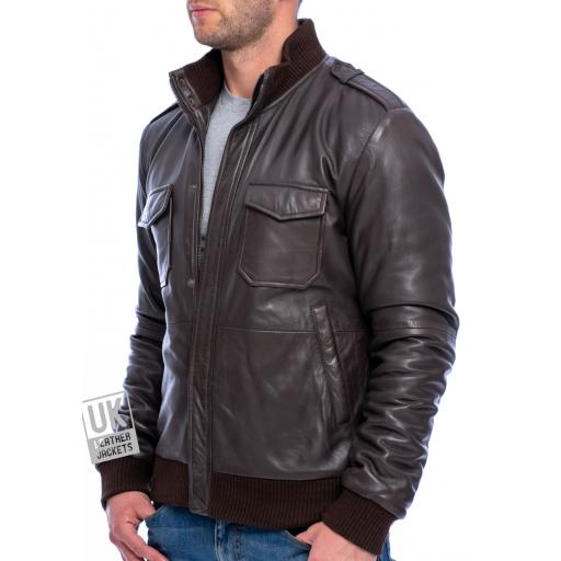 Men's Brown Leather Bomber Jacket - Pinnacle - Front