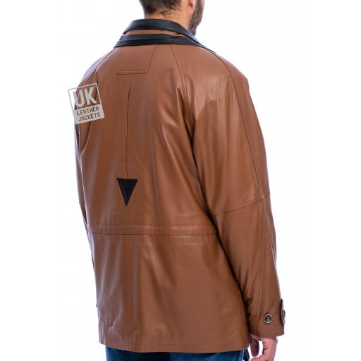 Men's Tan Contrast Leather Parka Coat - Huxley - Back