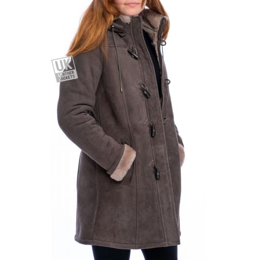 Womens Grey Sheepskin Duffle Coat - Alaska - Side