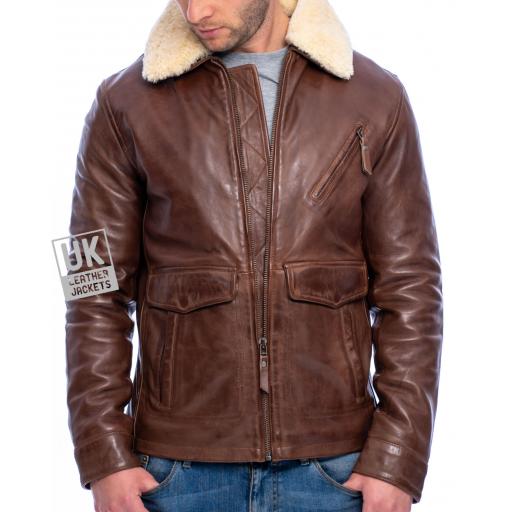 Mens Brown Leather Pilot Jacket - Harrier - Detach Wool Collar - Front