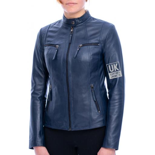 Women's Blue Leather Jacket - Leone - size 12-14 only