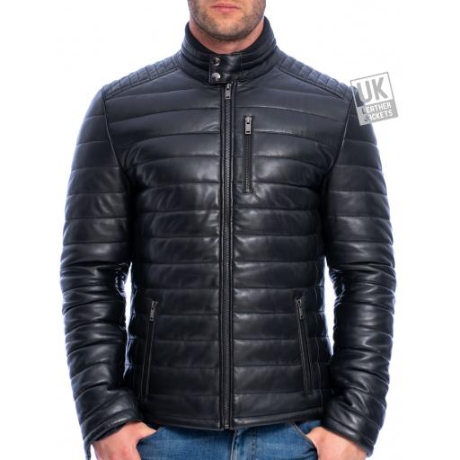 Mens Black Leather Jacket - Ultra Light Quilted - Front