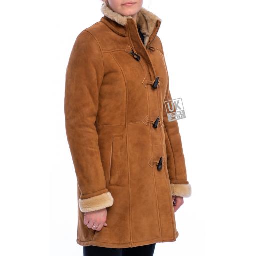 Womens Tan Sheepskin Duffle Coat - Alaska - Side without hood